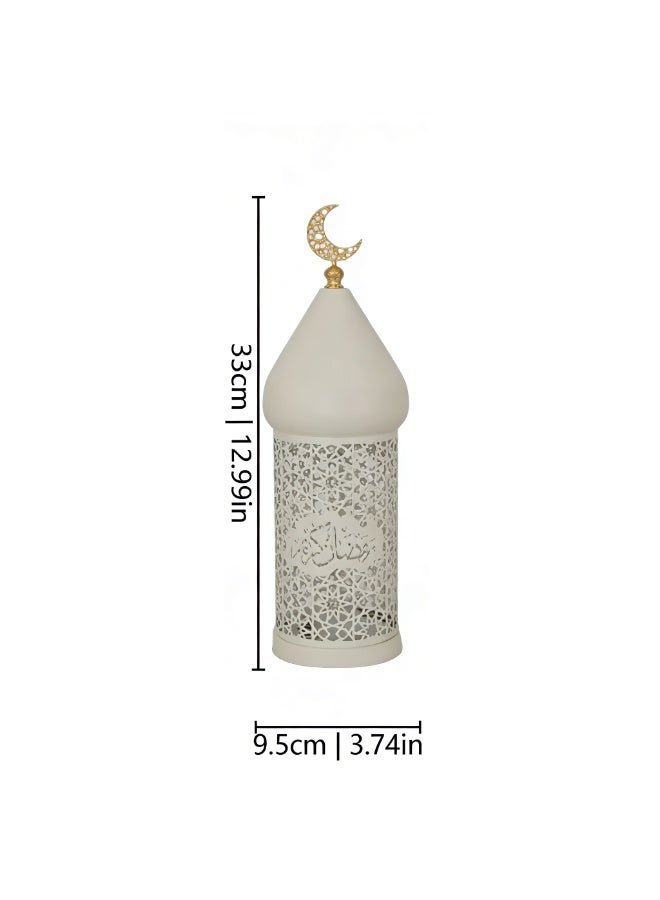 Ramadan Moroccan Lantern, White Hollow Out Metal LED Light with Gold Moon Topper for Indoor Outdoor Home Decor, Table Centerpieces, Ramadan, Eid, Wedding Decorations, FD778-M - Image 2